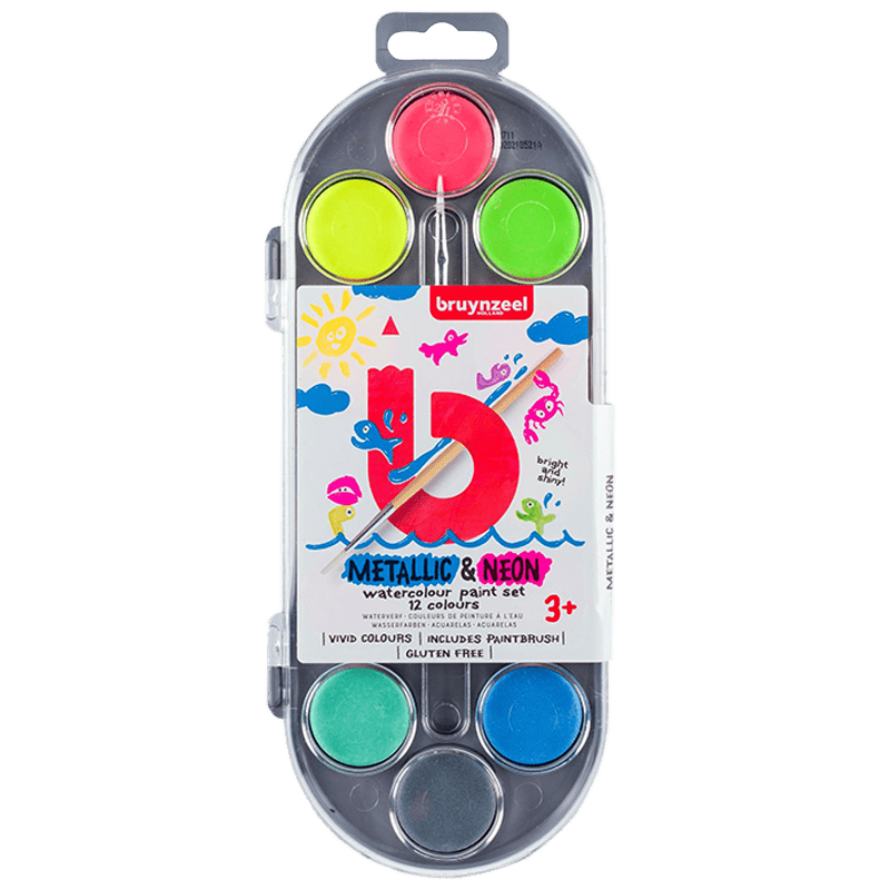 Bruynzeel vízfesték készlet gyerekeknek - Fémes és neon– 12 db